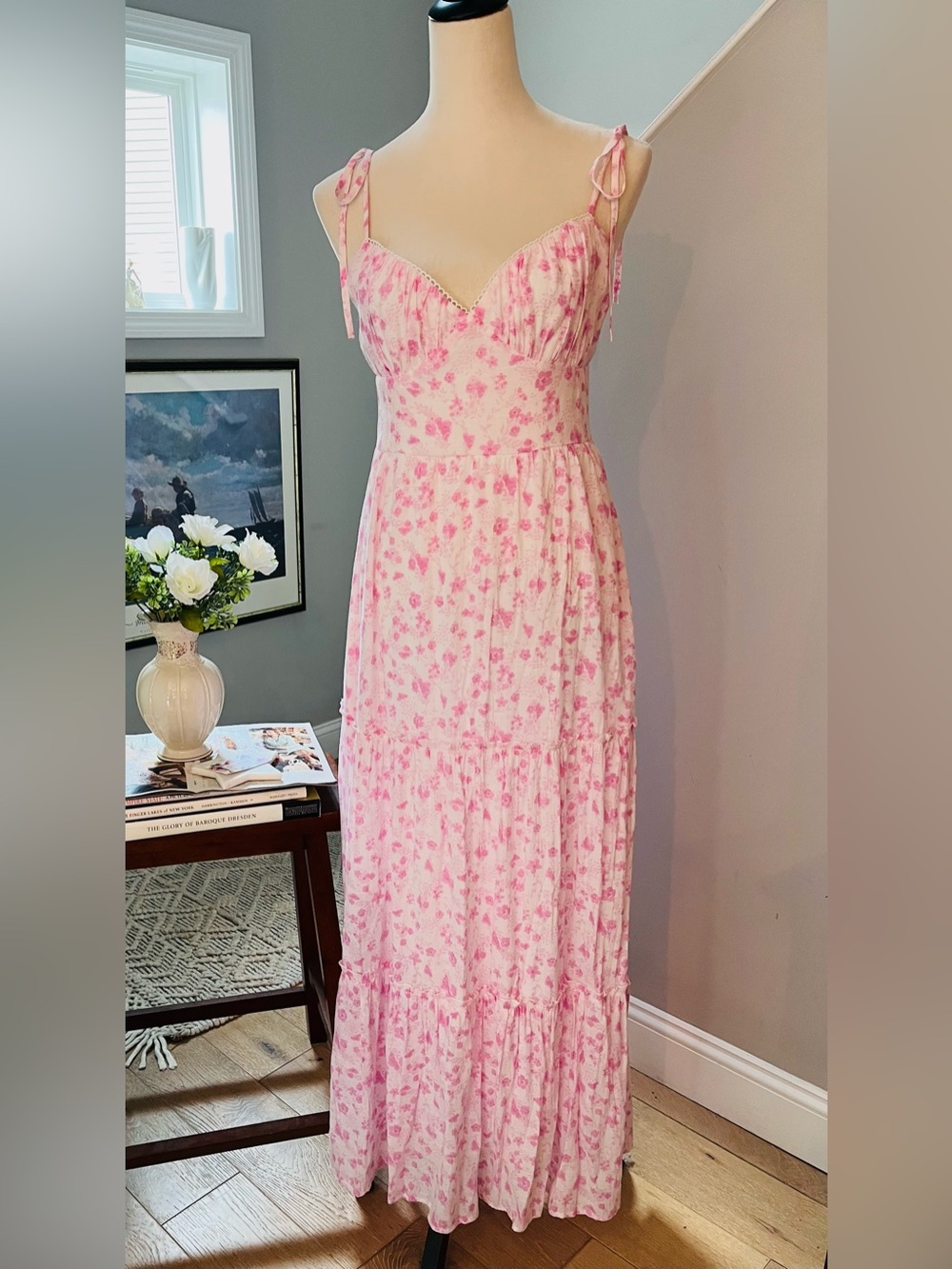 ALTAR’D STATE Maxi Dress FIFI Floral Ruffles w Spaghetti Ties Pink/White MEDIUM